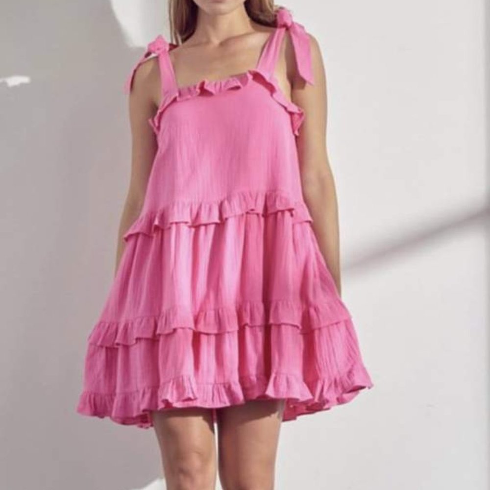 PINK TIERED TIE SHOULDER SHORT DRESS